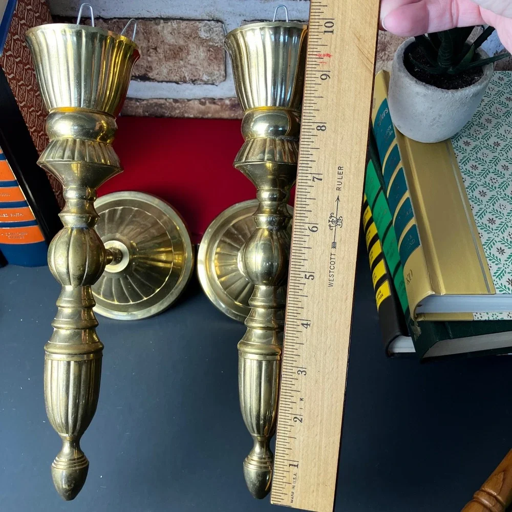 Vintage Brass Wall Sconces Pair Fluted Spindle Candle Holders Made in India 10